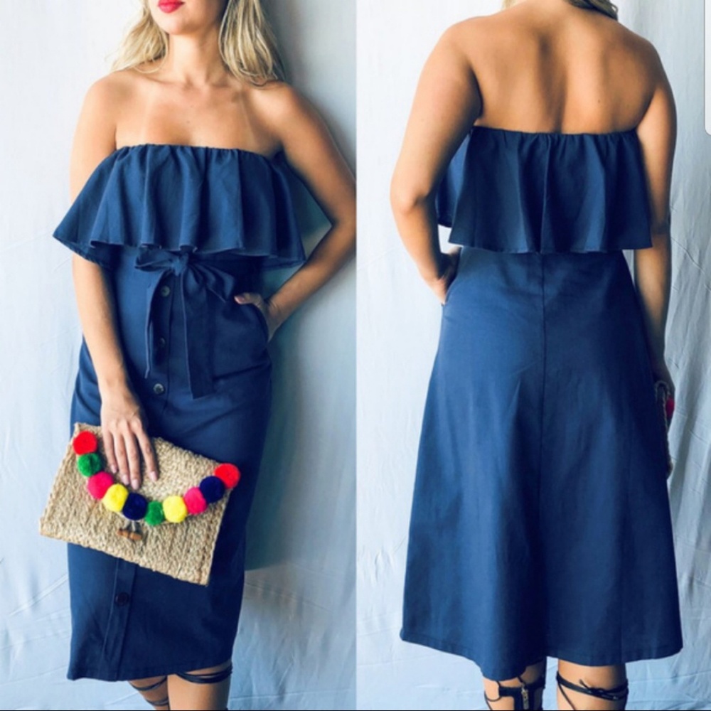 Off Shoulder Navy Dress - Picture 2 of 4